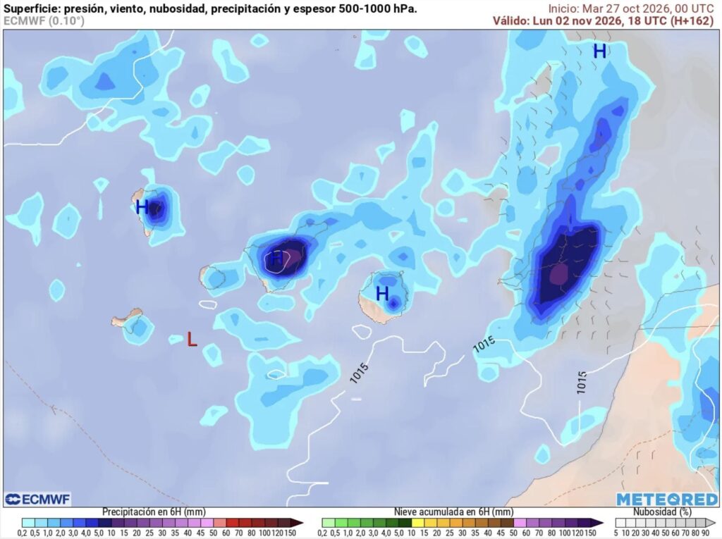 Previsión de lluvias para el lunes, 2 de noviembre. Meteored
