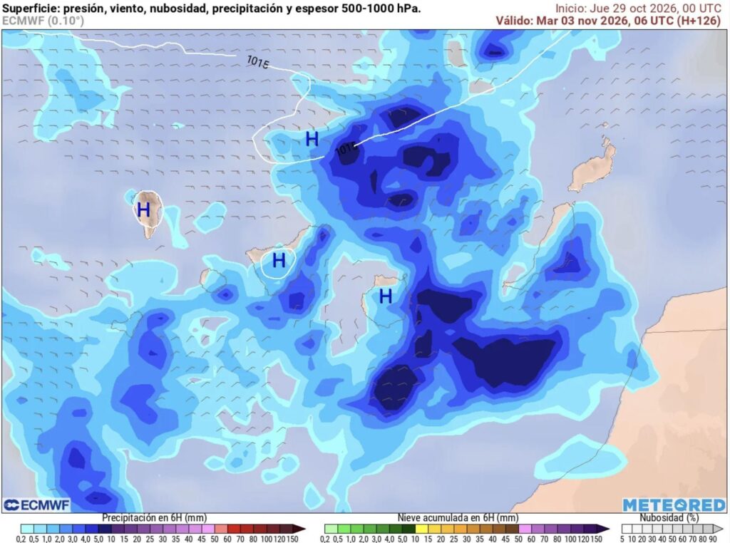 Mapa de acumulado de lluvia para el martes, 3 de noviembre, en Canarias. Meteored